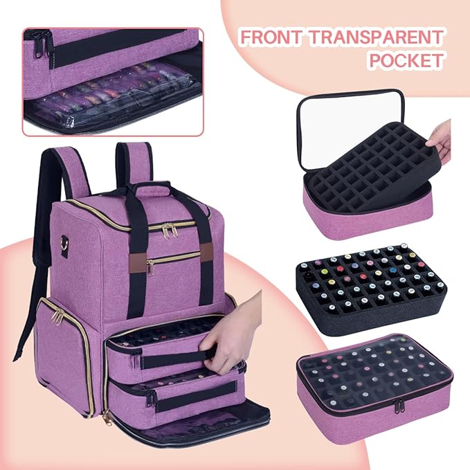 Nail Polish Organizer Backpack Holds 80 Bottles and a Nail Lamp Supplies with 2 Removable Cases Storage Bag Professional Travel Case for Manicurist (Purple)