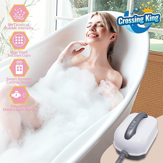 Bubble Bath Mat Tub Spa Massager, Portable Spa Bubble Bath Massager with Upgraded Powerful Suction Cup, Electric Air Pump, Pillow and Remote Control for Relaxation 45 * 17in (Pink)