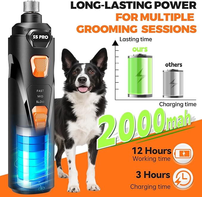 Whisper Quiet Dog Nail Grinder with LED Light, Safe & Stress-Free for Sensitive Dogs of All Breeds & Sizes, 3 Grinding Bits, 3-Speed, Pet Nail Trimmers, Rechargeable Painless Grooming Kit