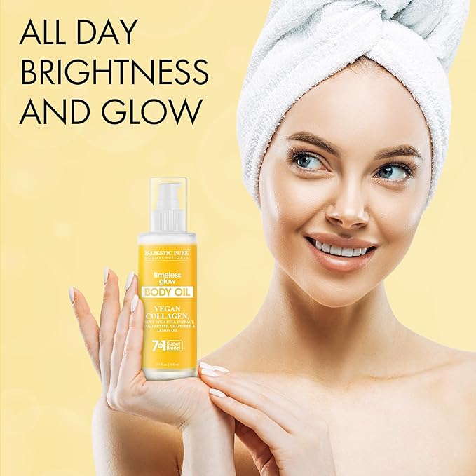 Majestic Pure Timeless Glow Body Oil -100% Pure & Natural Vegan Collagen with Grapeseed, Jojoba, Lemon Oil -After Shower Body Oils for Women and Men - Scented, Radiant, Firming Massage Oil - 3.4 Fl Oz