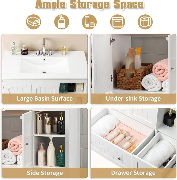 VINGLI 36" Modern Bathroom Vanity with Ceramic Sink, White Bathroom Vanity Cabinet w/2 Stripe Doors & 2 Drawers, Bathroom Sink Cabinet Combo, Floor Storage Cupboard w/Open Shelf for Bathroom