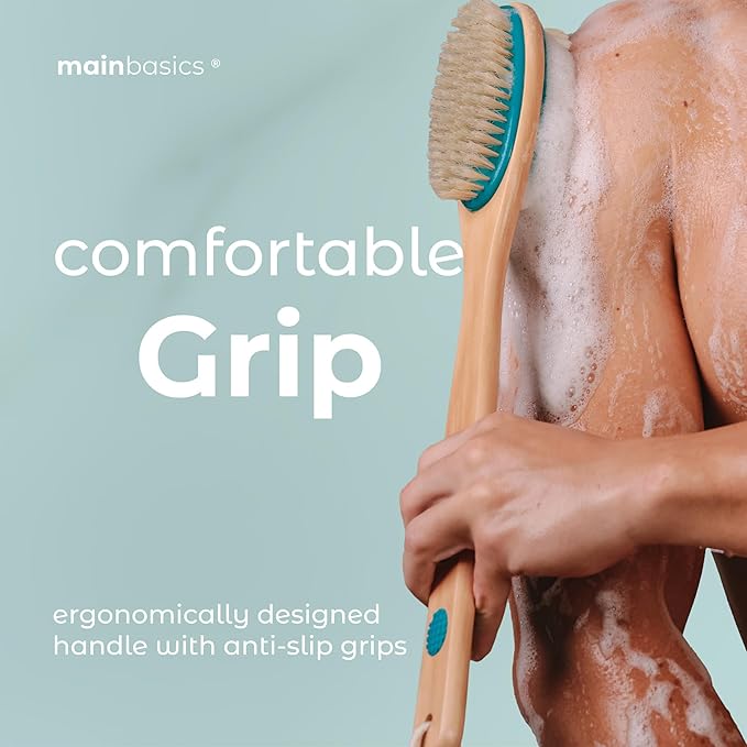 MainBasics Back Scrubber for Shower – Long Handle Dual-Sided Brush for Body Wash & Scrubbing with Exfoliating & Soft Bristles (Teal, Wood)