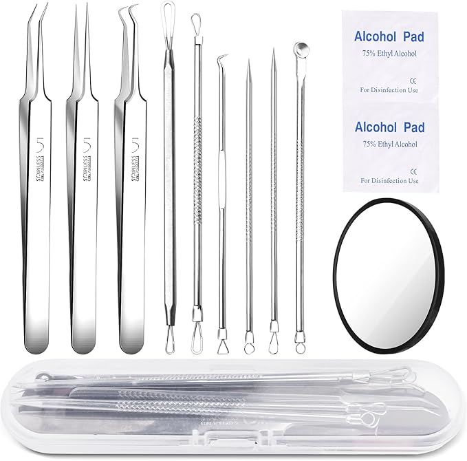 Blackhead Remover Pimple Popper Tool Kit 10PCS Professional Stainless Steel Blackhead Tweezers,Pimple Extractor for Removing Pimples, Zit on Face - Acne Removal Kit with Case Magnifier