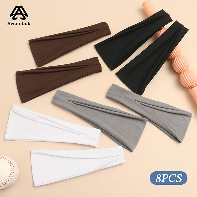 Headbands for Women, 8 Pack Non-Slip Moisture Wicking Sports Wide Head Bands, Stretchy Elastic Fabric, Multiple Colors Securing Hair for Fashion, Sports, Yoga, Running, Daily Life