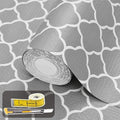 Shelf Liners for Kitchen Cabinets 17in x 30FT Non Adhesive Drawer Liner Gray Quatrefoil Thickened Shelf Liner Paper Strong Non-Slip Easy to Clean for Tool Box Refrigerator with Knife and Tape Measure