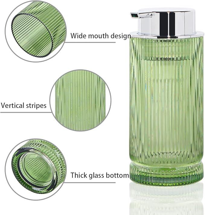 14 Oz Foaming Soap Dispenser, Green Glass Soap Dispenser, Refillable Foam Pump Bottle Lotion Container with Silver Pump, Decorative Slim Ribbed Bottle for Bathroom and Kitchen Decor