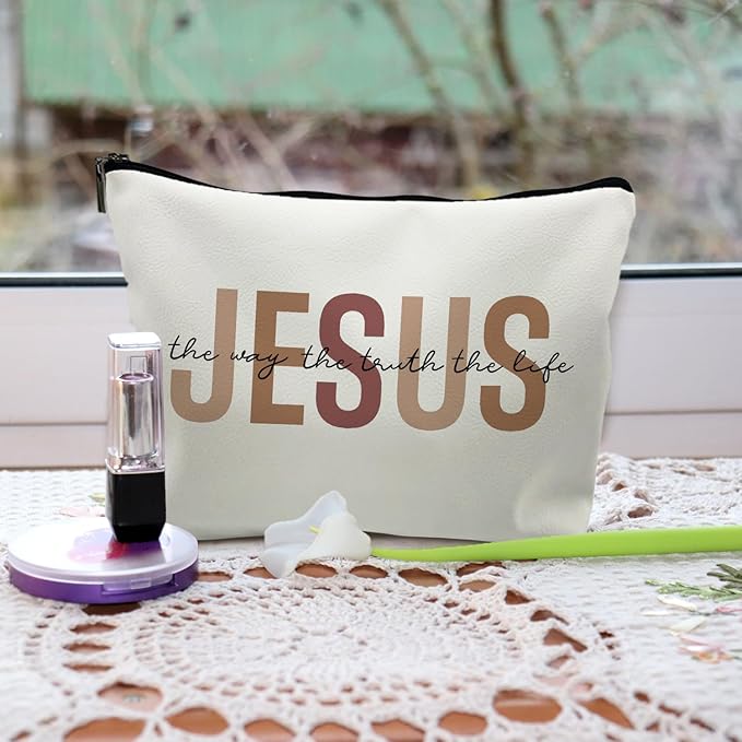 Christian Leather Makeup Bag,Jesus Cosmetic Bag,Christian Gifts for Women Girl,Christian Gift Bags,Christian Gifts for Women,Inspirational Gifts for Women Girls,Bible Verse Cosmetic Bag(PU-brown)