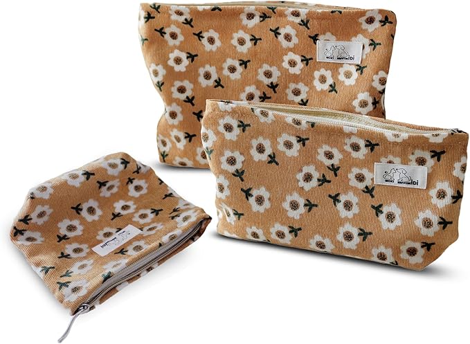 HAPPYHEIDI Floral Makeup Bag Set 3 Cosmetic Toiletry Organizer Zipper Pouch for Purse Tote, Women Girls Gift, Large Medium Small, Kihaki Brown Corduroy