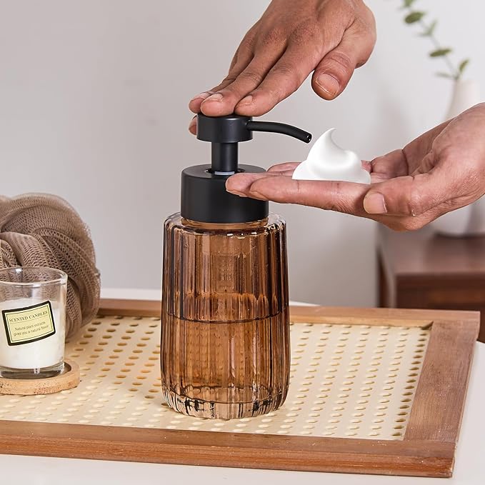 Easy Tang Glass Foaming Brown Soap Dispenser with Black Pump, 12 OZ Vintage-Inspired Modern Glass Refillable Bottle, Hand Soap for Bathroom Countertop and Kitchen