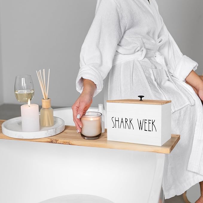 Tampon Holder for Bathroom,Feminine Product Organizer with Lid,Shark Week Tampon Storage Pad and Lady Stuff Box Tampon Organizer for Bathroom (White)