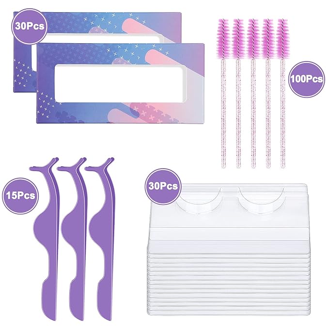 175 Pieces Lash Packaging Wholesale, Include 30 Empty Eyelashes Packaging Box, 30 False Lash Trays, 15 Eyelash Tweezers and 100 Eyelash Brush Mascara Wands Disposable (Purple)