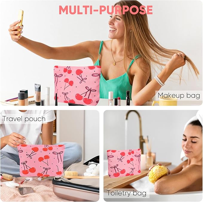 Cute Cherry Makeup Pouch for Women Small Make Up Bag for Purse Zipper Initial Makeup Cosmetic Bags Pouches for Purse Aesthetic Travel Toiletry Bags, Red Cherries Bows