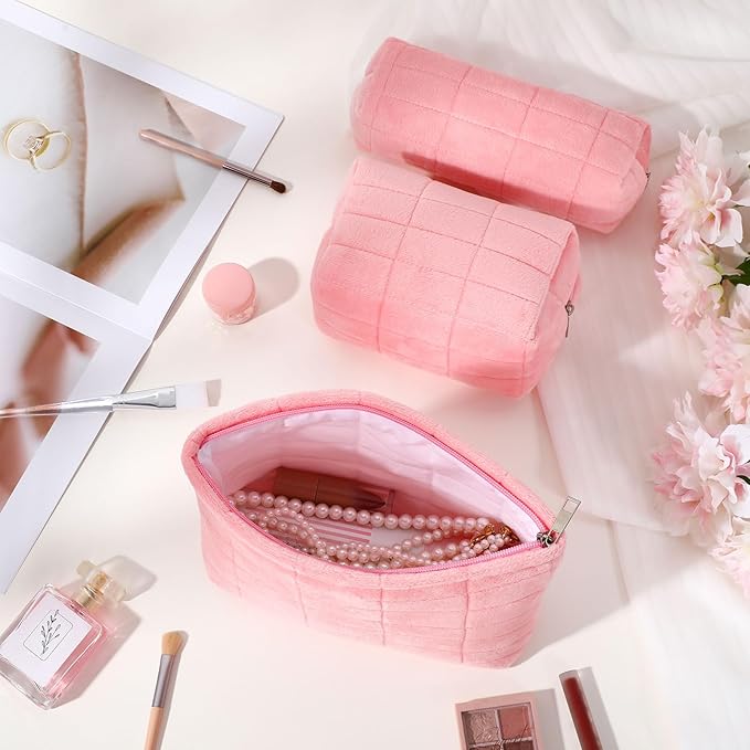 3 Pcs Puffy Makeup Bag Set Quilted Plush Emergency Pouch for Women Cute Checkered Travel Toiletry Bag Puffer Aesthetic Makeup Organizer Cosmetic Purse Pouch Preppy Pencil Case(Pink)