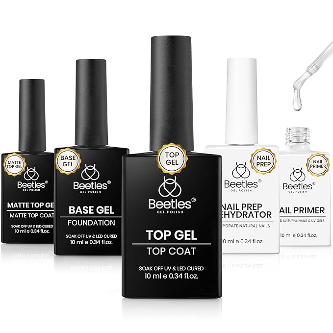 Beetles Gel Top Coat and Base Coat Set with Nail Dehydrator and Primer, 5 Pcs 10ml Glossy & Matte Top Coat Gel Nail Polish Nail Prep Acid-Free and Hema-Free Dehydrate Bond Primer Set for Acrylic