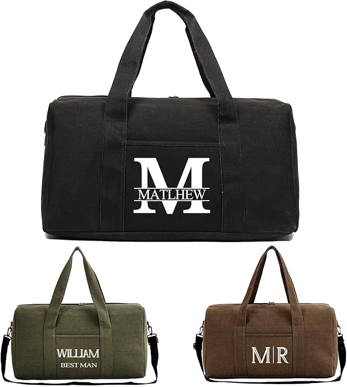 Flycalf Personalized Duffel Bag Travel for men Canvas Bag with Custom Name Foldable Shoe Compartment for Sports Gym