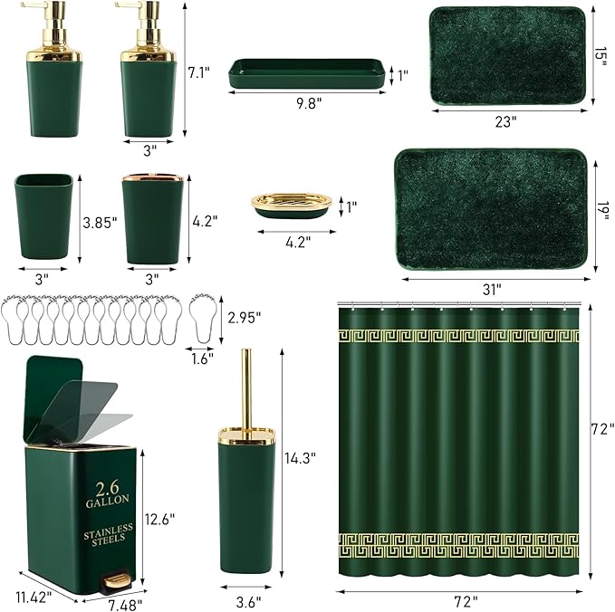 Bathroom Sets with Shower Curtain and Rugs Bathroom Accessories Set Hunter Green Bathroom Set,Soap Dispenser & Toilet Brush Holder Set with Stainless Steel Trash Can