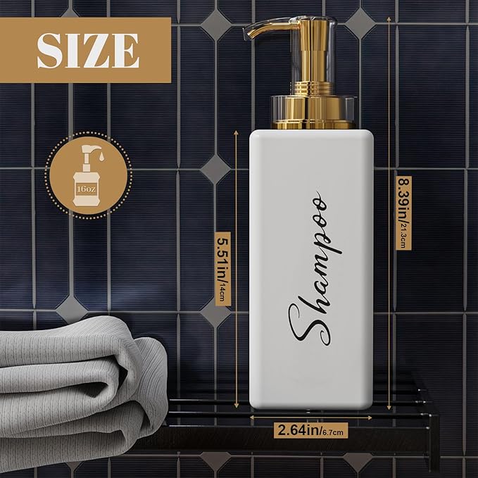 Akalin Refillable Shampoo and Conditioner Bottles, 16oz White and Gold Soap Dispenser Bathroom, Shampoo and Conditioner Dispenser for Bathroom Lotion Body Wash Massage Oils (White)