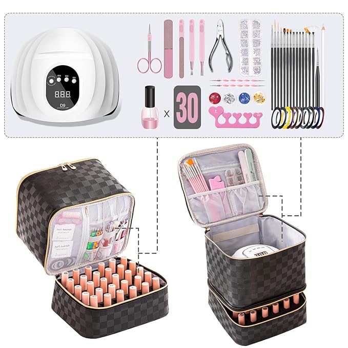 Nail Polish Organizer Bag Holds 30 Bottles & Nail Lamp Gel Nail Polish Storage Organizers for Nail Tech Carrying Case Manicure Kit Supplies Bag, Checkerboard Black (BAG ONLY)
