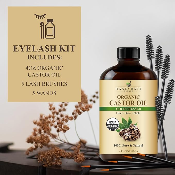 Handcraft Blends Cold-Pressed Organic Castor Oil 4 Fl Oz | Glass Bottle | Lash Brushes | 100% Pure and Natural | Premium Grade Carrier Oil | Hair, Eyelashes and Eyebrows | Hair and Body | Cold-Pressed, Organic, Glass Bottle, Lash Brushes, 100% Pure, Na...