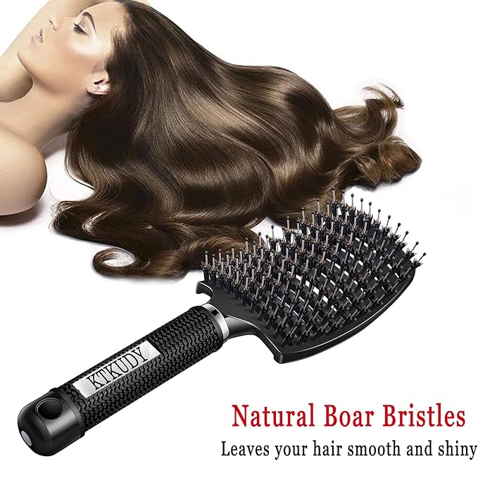KTKUDY Detangling Hair Brush - Boar Bristle & Tangle-Free Design for Kids, Women, and Men - Perfect for Wet and Dry Hair - Smooth, Magical Pain-Free Styling (Black)