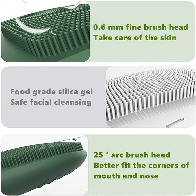 MEGAN Facial Cleansing Brush,USB Rechargeble Electric Silicone Face Scrubber,IPX7 Waterproof Sonic Facial Massager, 3 in 1 face Brush for Deep Cleanning, Blackhead Remover, Exfoliating. (Green)