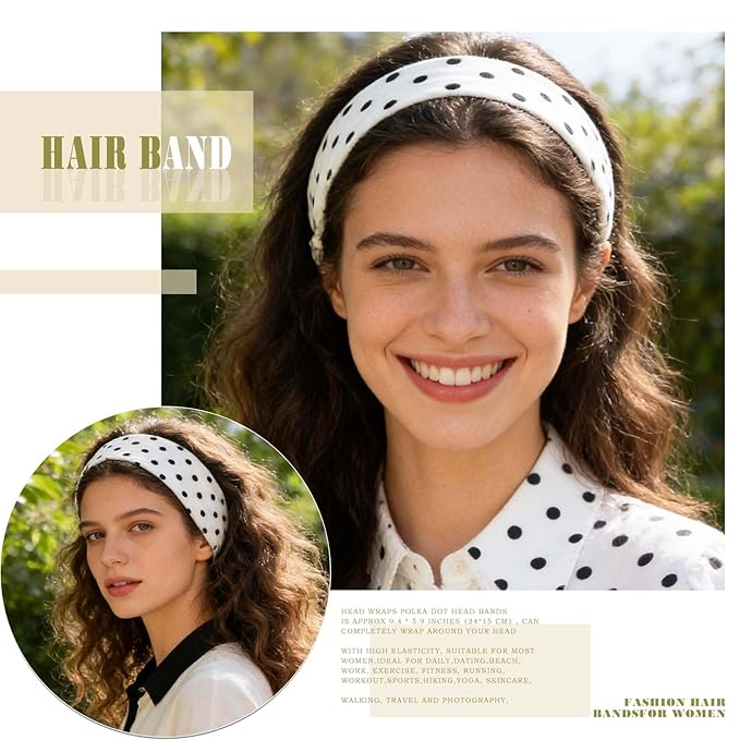 Olbye Wide Boho Headbands Floral Stretch Head Wraps Turban Knotted Yoga Hairbands Workout Hair Accessories for Women 4Pcs (Polka Dot, 9.4 * 5.9'')
