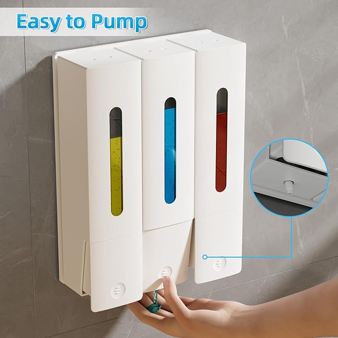 VITVITI Shampoo and Conditioner Dispenser for Shower, Refillable Shower Soap Dispensers 3 Chamber Wall Mounted, 10.2 OZ No Drill Plastic Shower/Body Wash Bottles for Bathroom (White)