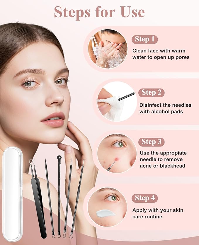 5PCS Blackhead Remover Pimple Popper Tool Kit, Professional Stainless Pimple Acne Blemish Removal Tools Kit for Face (Black)