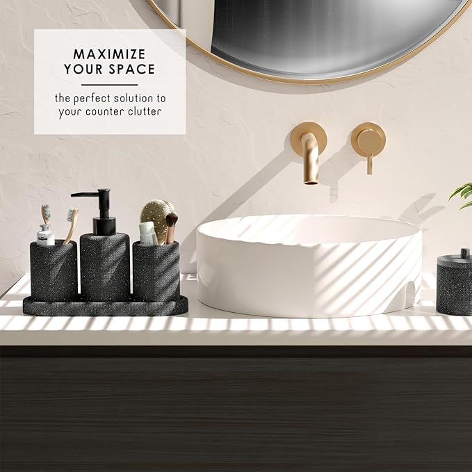 Clara Clark Bathroom Set - Coal Black Bathroom Accessories Set, 24PC Bathroom Accessory Set, Bathroom Sets with Shower Curtain Set, Adhesive Corner Shower Caddy Hanging & Soap Dispenser