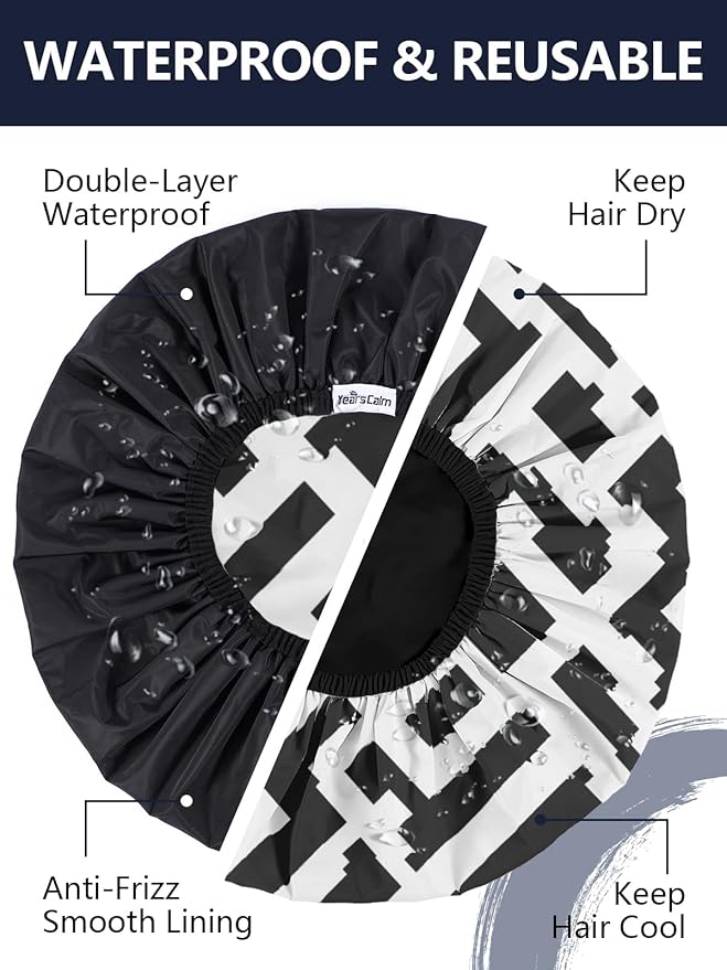 Years calm Men Shower Cap Reusable Waterproof, Dual-Layer Design, Double-Sided Use,Protects Hair in Shower, Spa, Travel & Cooking, Adjustable Elastic for Comfortable Fit (Black Striped, One Size)
