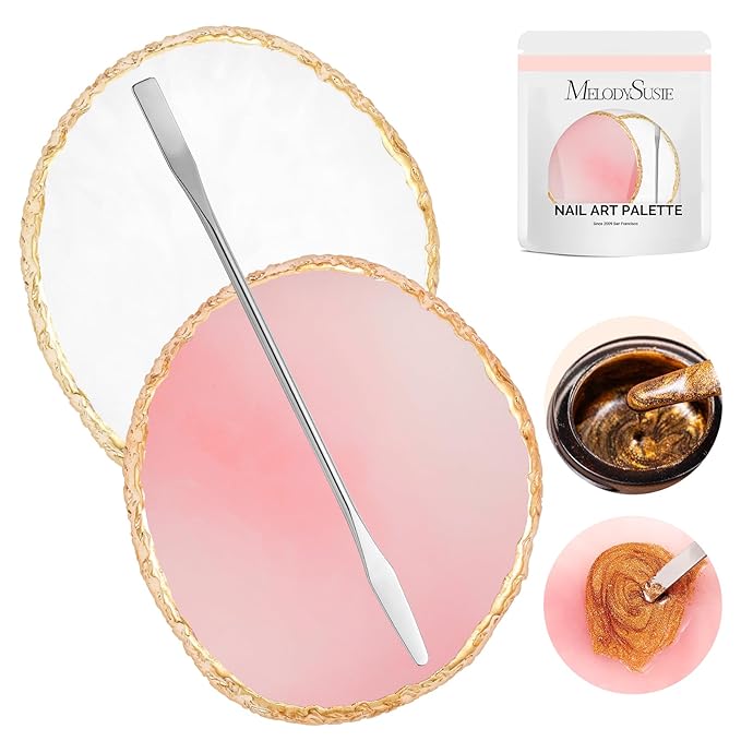MelodySusie 2PCS Round Shape Resin Nail Art Palette Set with Stainless Steel Mixing Stick, Professional Color Mixing Board for Gel Polish, Acrylics, Pigment Blending, Salon and DIY Makeup Tool