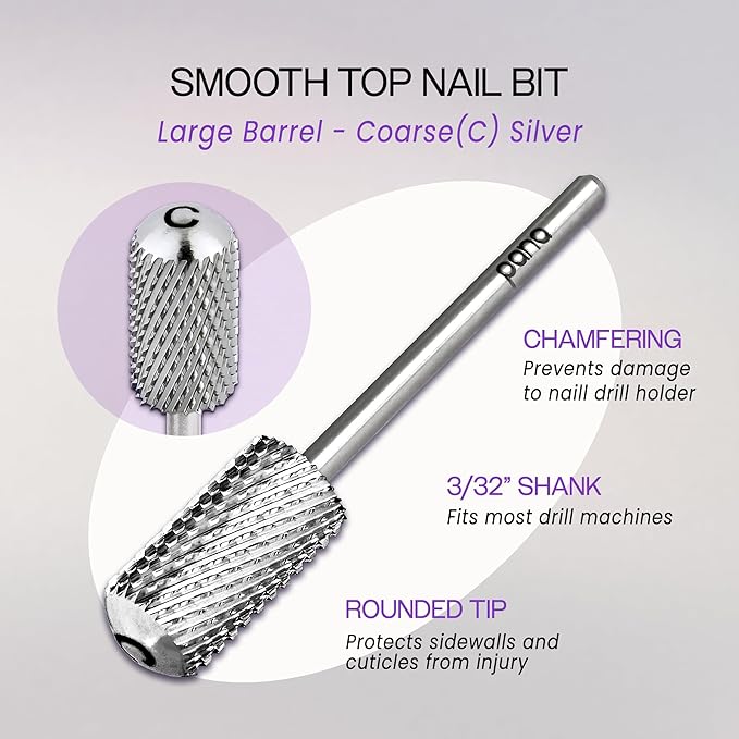 PANA 3/32" Large Smooth Round Top Safety Carbide Nail Drill Bit for Gel Polish & Acrylic Removal Nail Salon Manicure Pedicure Electric File Tools (Large Barrel - Silver, Coarse)