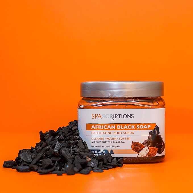 SpaScriptions African Black Soap Sugar Scrub - Detoxifying Body Scrub Exfoliator with Shea Butter & Charcoal, Ideal for Oily or Congested Skin, Supports Deep Pore Cleansing & Clarifying Skin, 21 oz