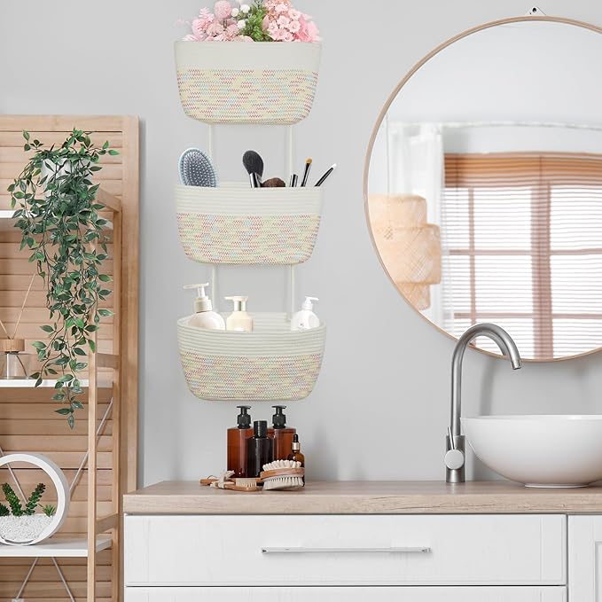 TeoKJ 3-Tier Woven Cotton Wall-Mounted Hanging Storage Baskets, Over the Door Organizer Bin for Kids Room, Bathroom, Bedroom, Kitchen, White & Rainbow Stitching