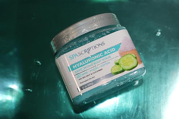SpaScriptions Hyaluronic Acid Sugar Scrub - Hydrating Body Scrub Exfoliator with Seal Salt & Cucumber, Ideal for Dry & Rough Textured Skin, Helps Support Refershed, Hydrated & Smooth Skin, 21 oz