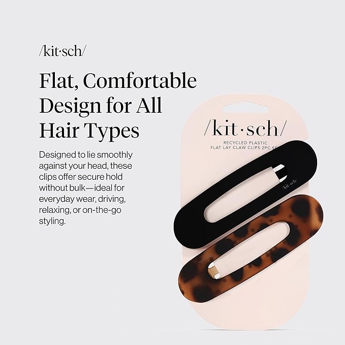 Kitsch Flat Hair Clips for Women - Strong Hold, No Slip Grip Flat Claw Clips For Secure and Comfortable Look | Durable Recycled Plastic Hair Accessories | Ideal Gifts for Women - Black & Tortoise, 2pc