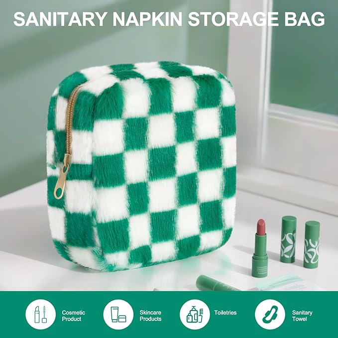 Sanitary Napkin Storage Bag, Zipper Period Bag, Checkered Portable Menstrual Pad Bag Panty Liners, Tampon Storage Pouch for Women Ladies Daily Use Storage Purse Travel