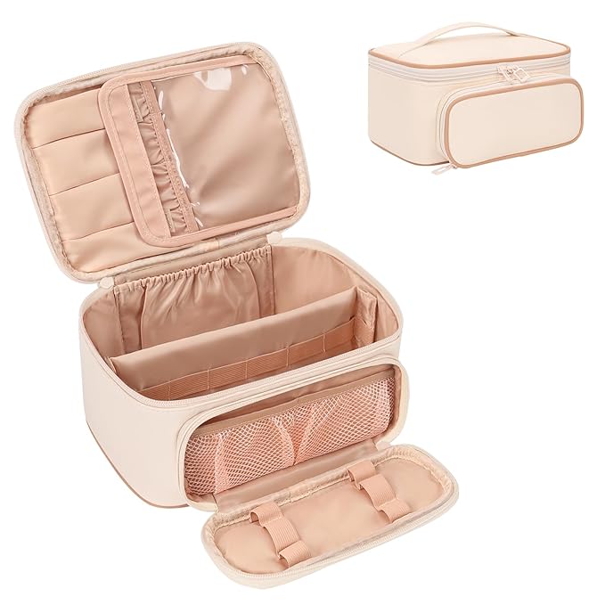 OCHEAL Makeup Bag, Multifunctional Large Compact Organizer Cosmetics Toiletry Brushes Storage Case for Women Girls with Handle Divider - Beige