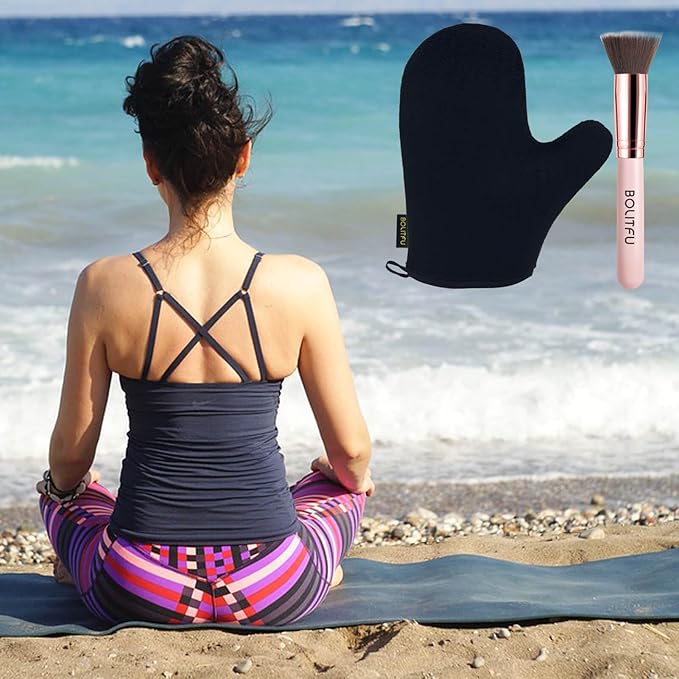 2 Pack Self Tanning Mitt Applicator Kit Set, Self Tanning Glove and Self Tanner Flat Top Brush, Tan Applicator for Sunless Self Tan (Black)