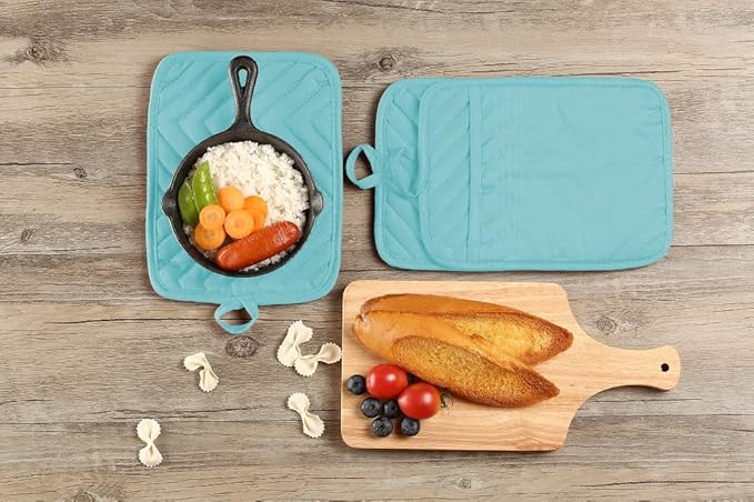 Oven Pot Holder with Pocket Cotton Heat Resistant Coaster Potholder Kitchen Hot Pad Oven Mitts for Cooking Square 7"x9" Set of 3 (Aqua)