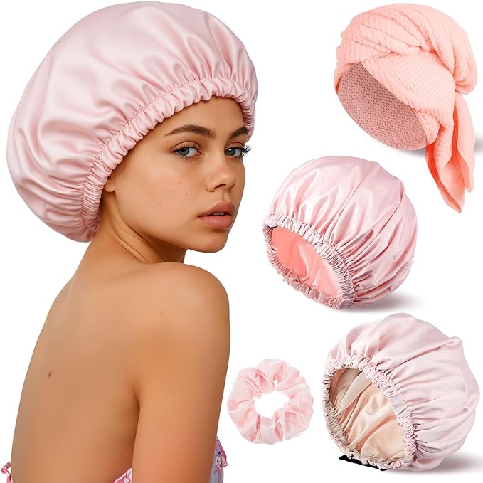 4 Pcs Microfiber Drying Hair Wrap Towels Reusable Waterproof Shower Cap with Elastic Band Adjustable Silk Hair Bonnet for Sleeping with Scrunchie for Women Christmas Favor Gifts(Pink)