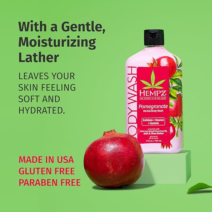 Hempz Body Wash - Pomegranate - Hydrating for Sensitive Skin, Scented, Exfoliating with Shea Butter, Pure Hemp Seed Oil, and Algae for Sensitive Skin - 17 fl oz