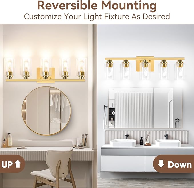 VerRon 5-Light Gold Bathroom Light Fixtures, 31" Modern Vanity Lights Over Mirror with Clear Glass Shades,Brushed Gold Wall Light Fixture for Bathroom Mirror Bedroom Porch, Hardwired Wall Sconces