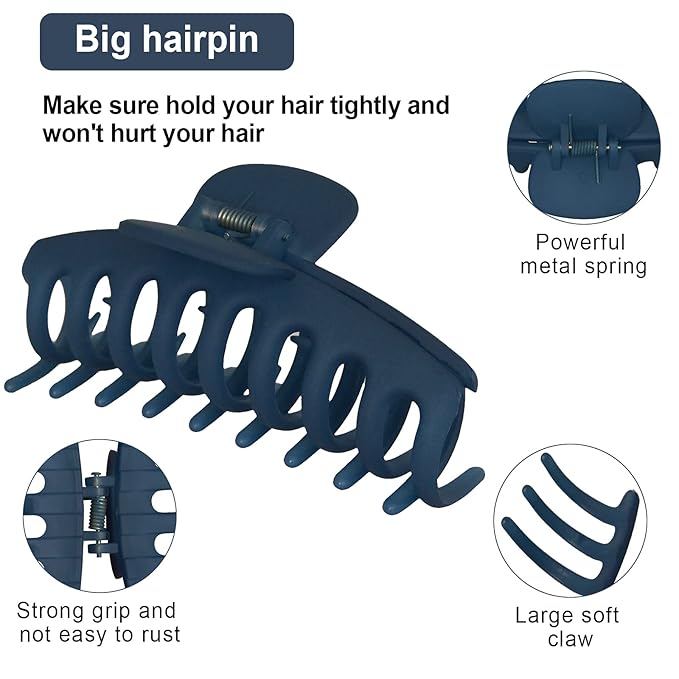 2 Pack Big Hair Claw Clips Nonslip Large Claw Clip for Women and Girls Hair,Strong Hold Grips Hair Accessories 4 Inch (Blue)