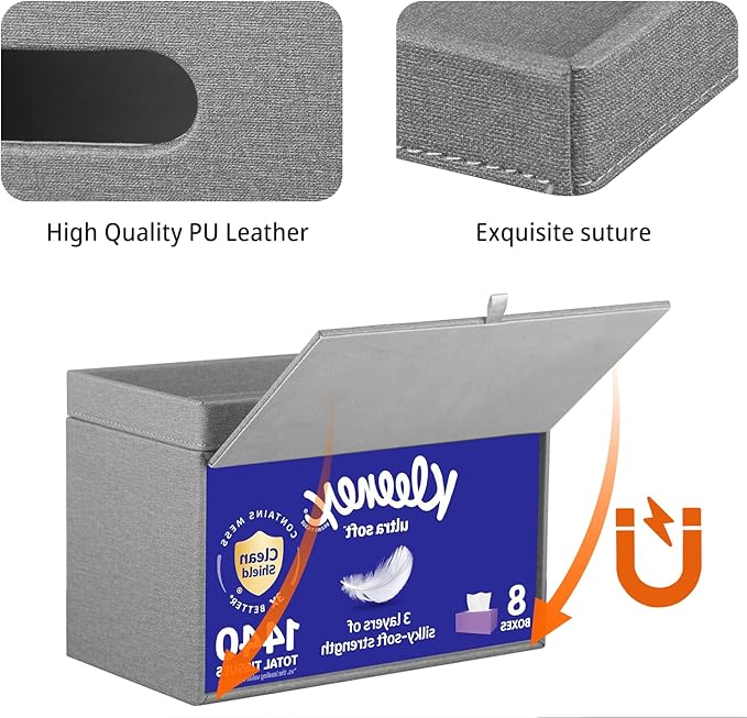 YAPISHI Large Tissue Box Cover Rectangle with Tray Storage, PU Leather Facial Tissue Holder, Fits 230-Count Family Size Kleenex, Modern Nightstand Organizer for Bathroom Office Home Decor