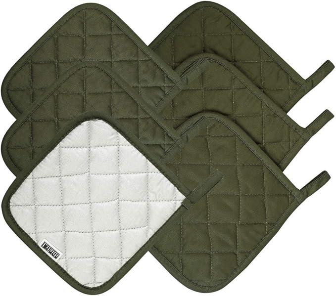 100% Cotton Potholders Kitchen Everyday Basic Terry Pot Holder Heat Resistant Large Coaster Hot Pads Kit Trivets Set for Cooking and Baking Set of 6 Olive Green