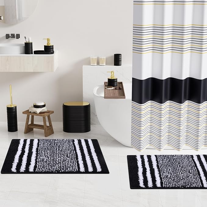 Bathroom Set - Bathroom Sets with Shower Curtain and Rugs, 25PC Bathroom Accessory Set, Black Bathroom Accessories Set with Trash Can, Soap Dispensers