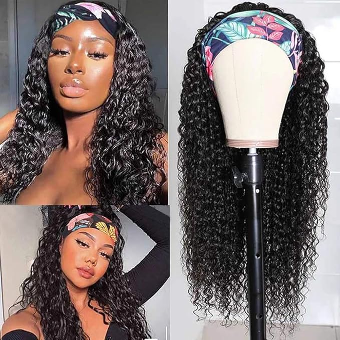 XSY Headband Wig Human Hair Deep Wave Headband Wigs for Black Women 22 Inch Glueless Half Wig Machine Made Curly Headband Wig 150% Density Natural Color