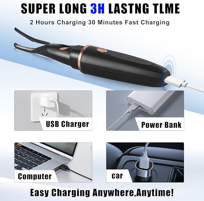 Heated Eyelash Curlers - 2 in 1 Clip- Type Heated lash Curler Best Seller Electric Eyelash Curler LED Display 3 Temp Settings for Makeup Tools USB Rechargeable Natural Curling 24H Long Lasting 3A