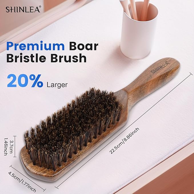 Boar Bristle Hair Brush for Men, Beard Brush with Wooden Handle for Beards Mustaches Grooming, and Soften Facial Hair, Slick Back Hair Brush for Thick & Fine Hair, Great Gift